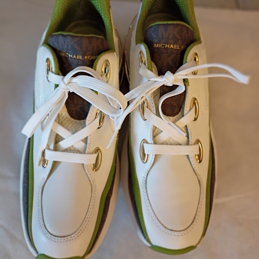 Michael Kors TONI Lace-Up Leather Gold Chain Link Heel Trainer Sneakers NWOT/WOB